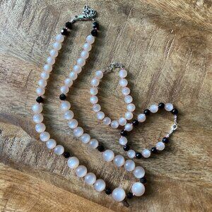 Pearlescent Pink Knotted Necklace and Bracelets 3-Piece Set